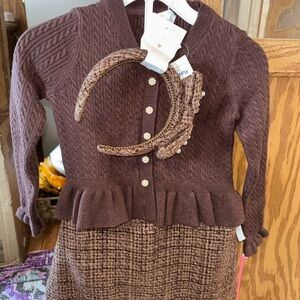 LULURAIN Cable Knit Cardigan Skirt Set w/ Headband XS (4) New
